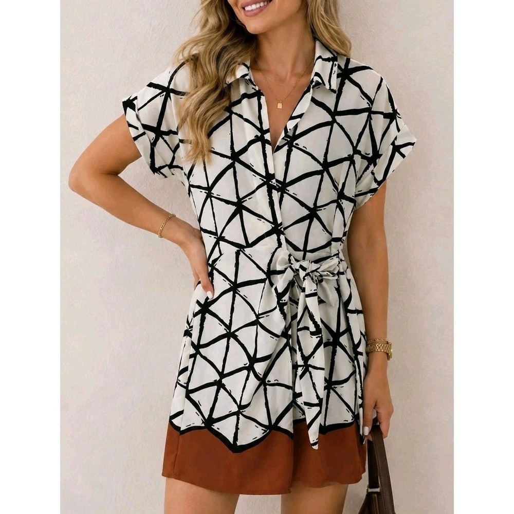 INTEMPO Women's M Abstract Geometric Print Tie Waist Shirt Dress